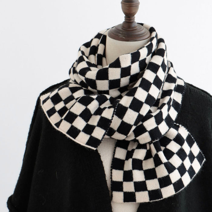 Close-up of Checkerboard Classic Scarf in black and white, great for office layering and commuting.
