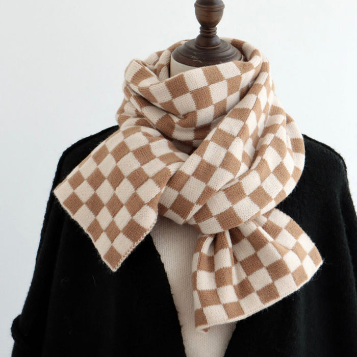 Angled view of khaki Checkerboard Classic Scarf, great for office layering and commuting.