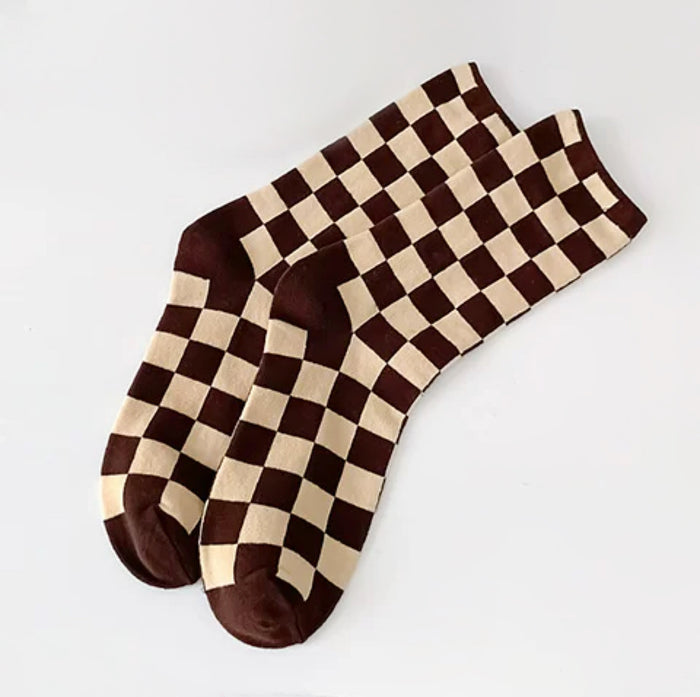 Angled view of Checkerboard Colored Socks in brown, great for daily wear and lounging.