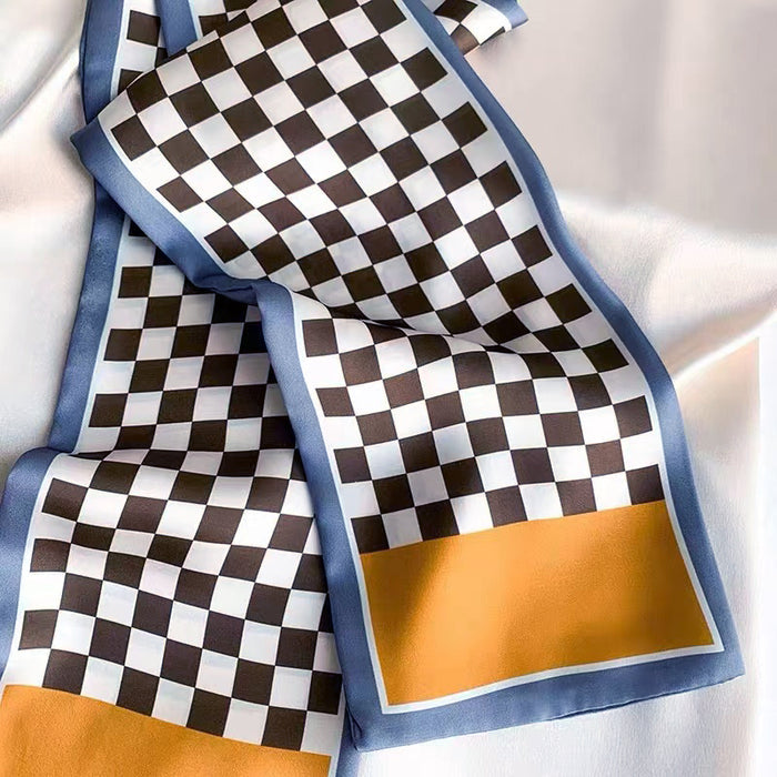 Angled view of Checkerboard Satin Skinny Scarf, great for office layering and commuting.
