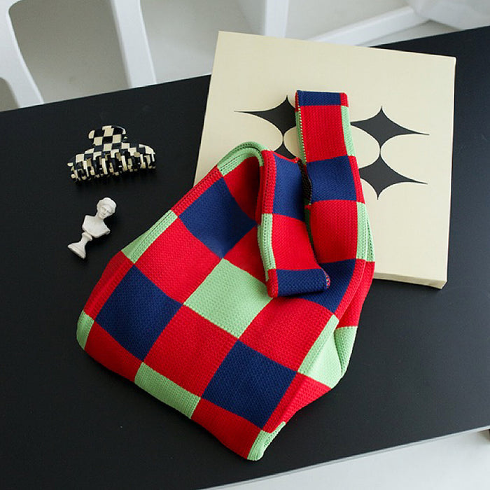 Front view of Checkered polyester tote bag with red, navy, and light green squares.