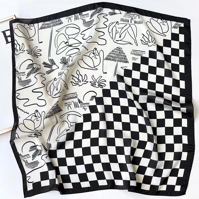 Front view of black and white satin square scarf with a checkered and abstract pattern, great for office layering.
