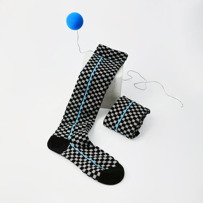 Front view of Black and gray checkered knee-high socks with a thin blue stripe.