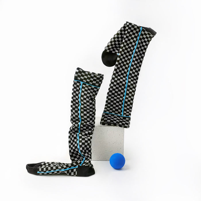 Angled view of Pair of black and gray checkered knee-high socks with blue stripes, made from cotton and polyester.