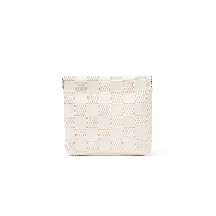 White checkered self-closing storage bag, front view; woven checker pouch for cosmetics and small essentials.