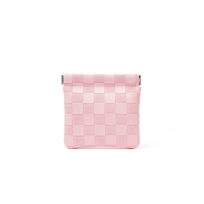 Pink checkered self-closing storage bag, front view; woven checker pouch for toiletries and daily organization.
