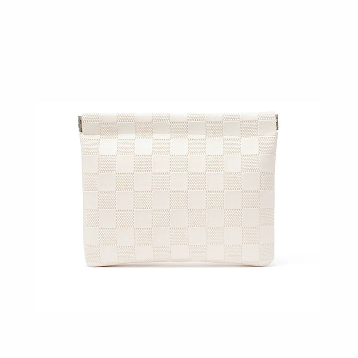 White checkered self-closing storage bag, wide size; soft woven pouch for travel packing and makeup.