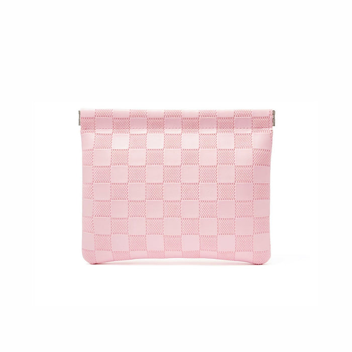 Pink checkered self-closing storage bag, wide size; soft woven pouch for organizing cosmetics and accessories.