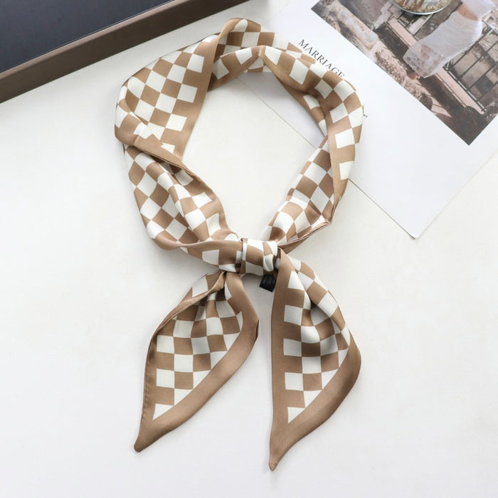 Angled view of Checkered Silk Like Skinny Scarf, great for office layering and commuting.