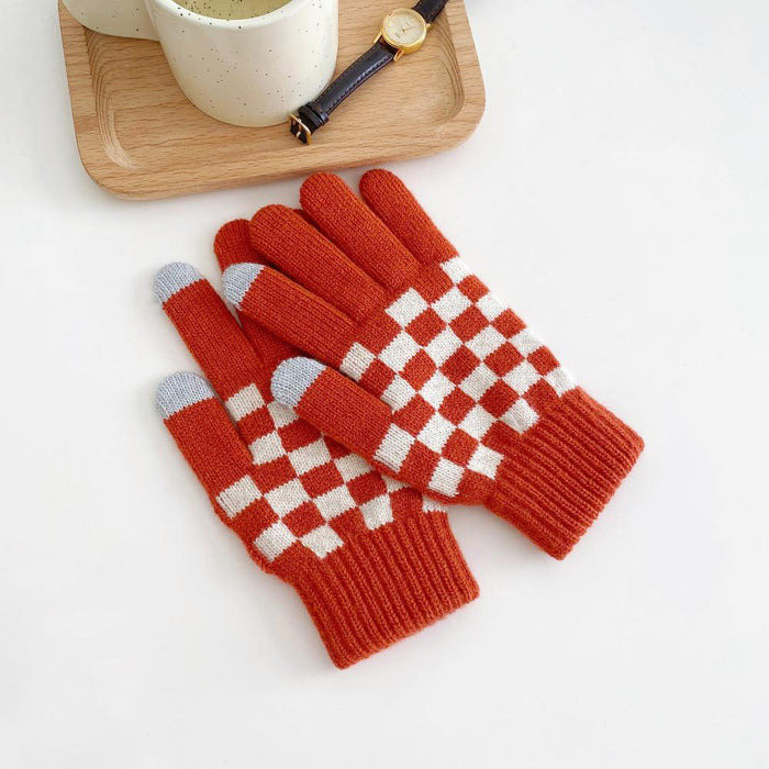 Red checkerboard knitted touch screen gloves with ribbed cuff; warm pattern gloves for winter texting.