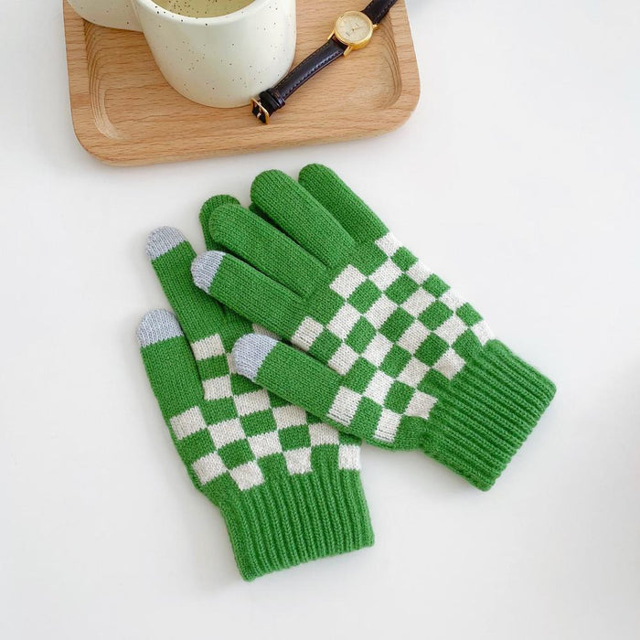 Green checkerboard knitted touch screen gloves with ribbed cuff; warm knit for outdoor winter use.