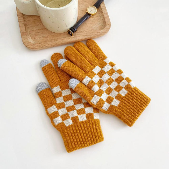 Yellow checkerboard knitted touch screen gloves with ribbed cuff; bright cozy gloves for winter phone use.
