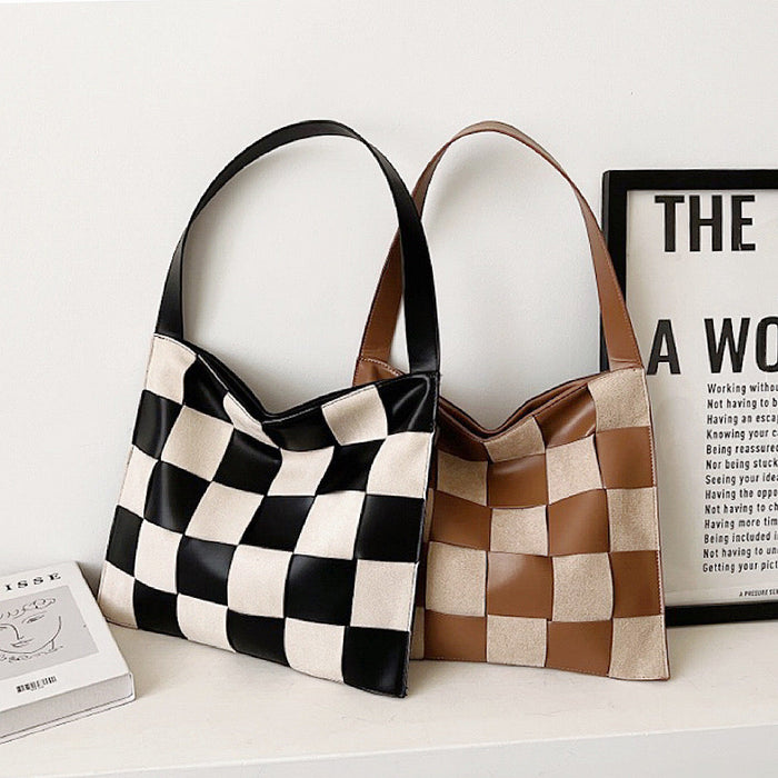 Black and brown checkered woven leather bags displayed together, versatile color options for professional gifting.