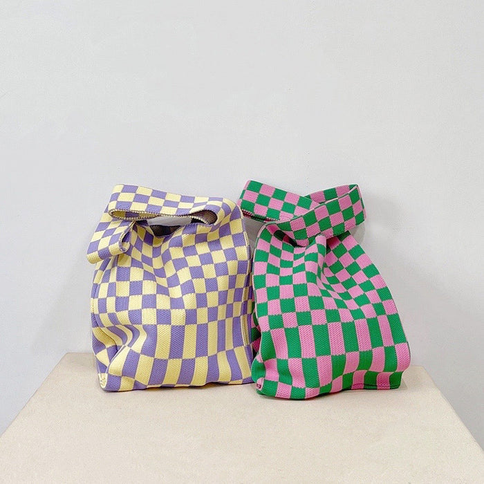 Purple-yellow and pink-green checkered woven bags shown together.