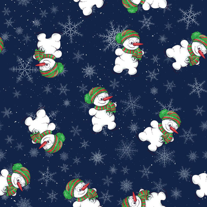 Cheery Snowmen on Ice Skates on Blue 100% Cotton Fabric