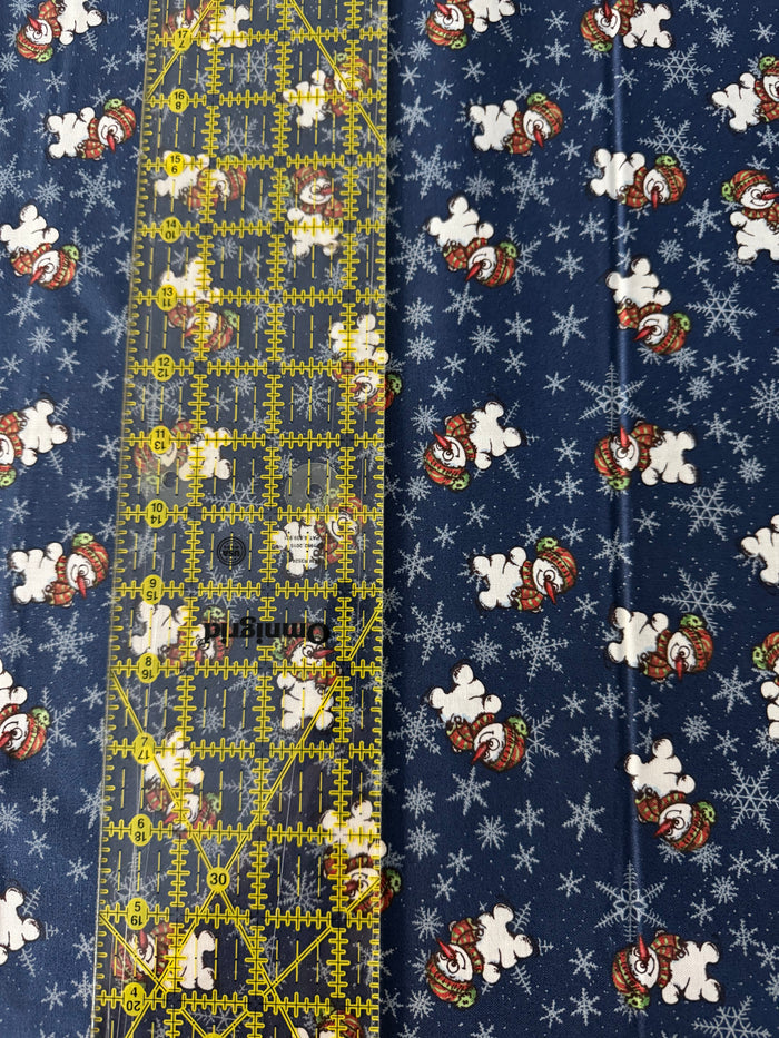 Cheery Snowmen on Ice Skates on Blue 100% Cotton Fabric