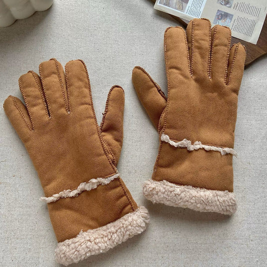 Chestnut suede split-finger gloves with knitted cuff, shown on model hands; warm for winter outings.