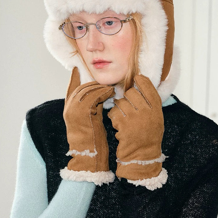 Flat lay chestnut suede split-finger gloves with ribbed knit cuff; soft suede look for winter styling.