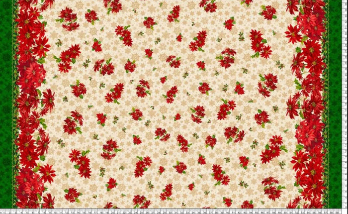 Christmas 60 " Wide Poinsettia Double Border on Cream 100% Cotton Fabric Price per Yard