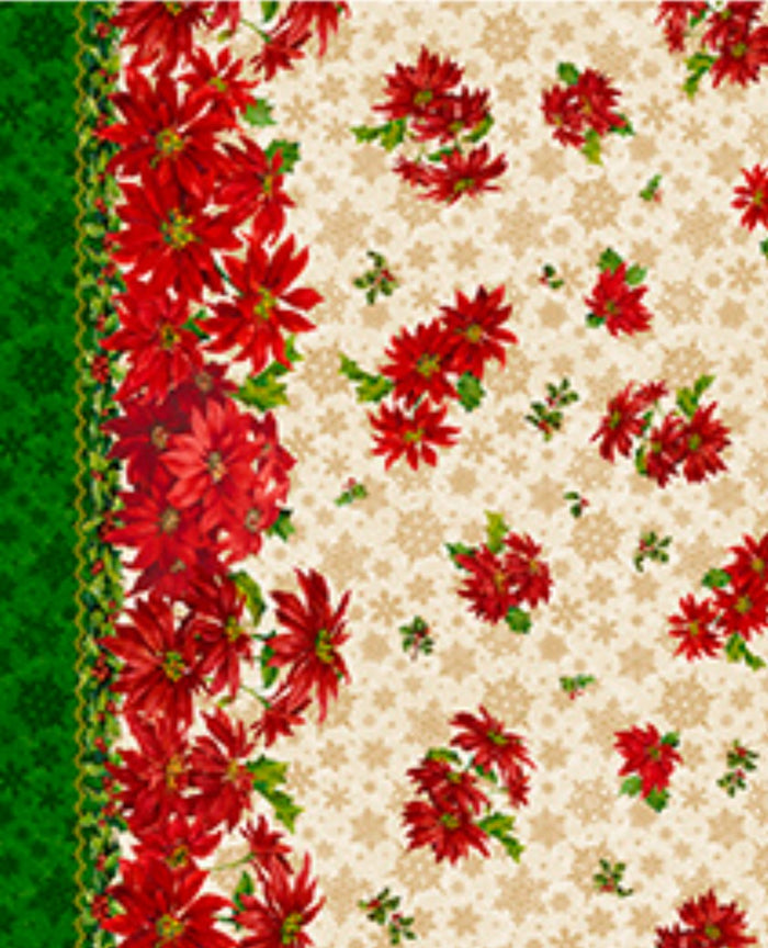 Christmas 60 " Wide Poinsettia Double Border on Cream 100% Cotton Fabric Price per Yard