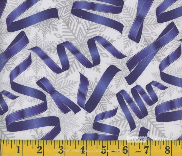 Christmas Blue Ribbons Silver Snowflakes on Cream 100% Cotton Fabric By the yard