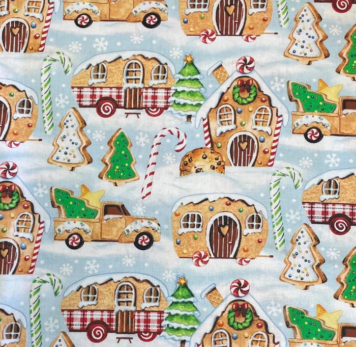 Christmas Gingerneering Gingerbread Campers on Blue 100% Cotton By the yard
