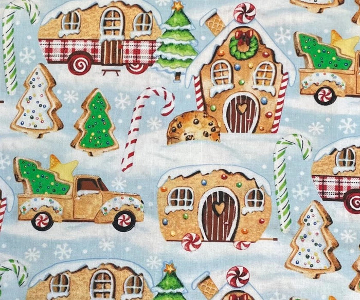 Christmas Gingerneering Gingerbread Campers on Blue 100% Cotton By the yard