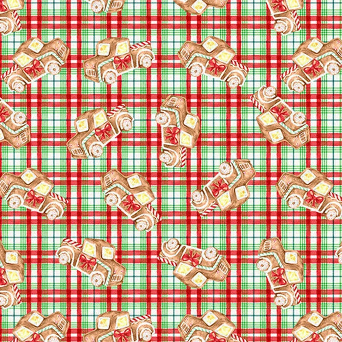 Christmas Gingerneering Gingerbread Trucks Plaid on Cream 100% Cotton By the yard