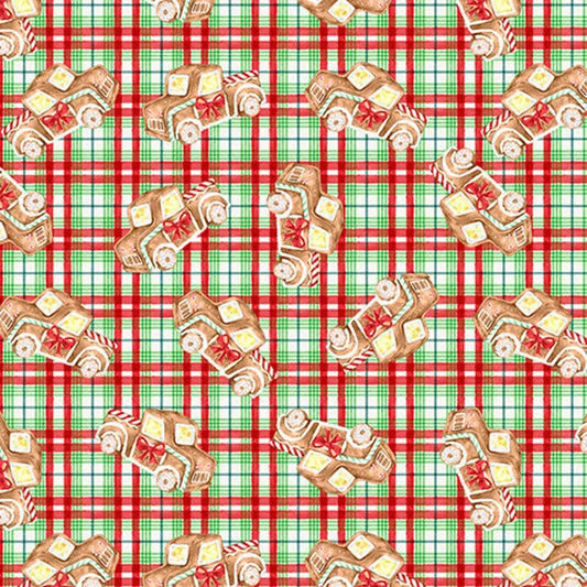 Christmas Gingerneering Gingerbread Trucks Plaid on Cream 100% Cotton By the yard
