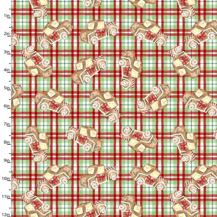 Christmas Gingerneering Gingerbread Trucks Plaid on Cream 100% Cotton By the yard