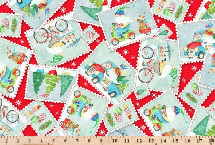 Christmas Gnomes Postcard Toss on Red 100% Cotton Fabric Price per Yard