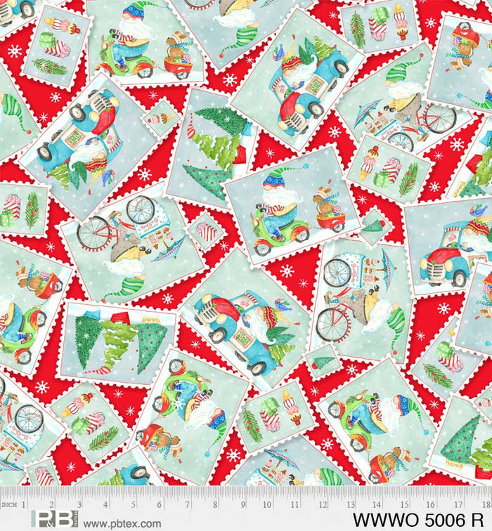Christmas Gnomes Postcard Toss on Red 100% Cotton Fabric Price per Yard