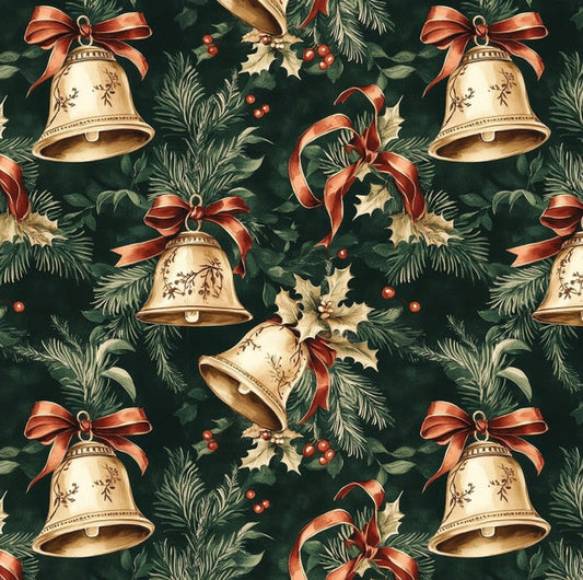 Christmas Gold Bells Holly Leaves on Green