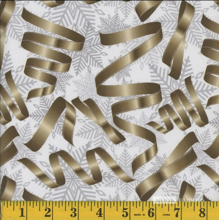 Christmas Gold Ribbons Silver Snowflakes on Cream 100% Cotton Fabric By the yard
