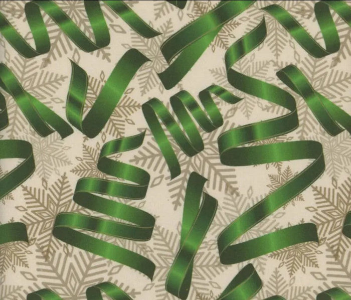 Christmas Green Ribbons Silver Snowflakes on Cream  100% Cotton Fabric By the yard