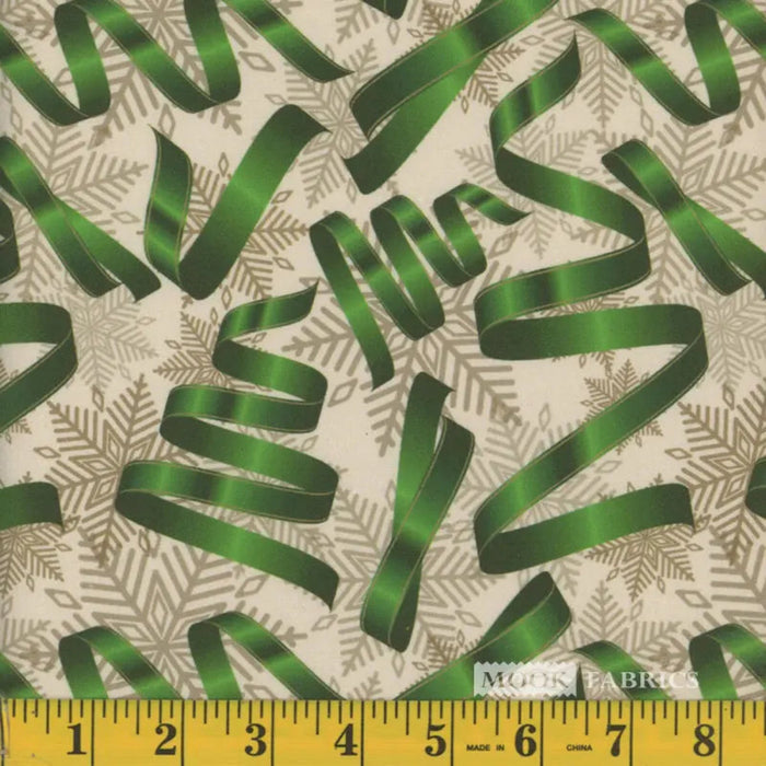 Christmas Green Ribbons Silver Snowflakes on Cream  100% Cotton Fabric By the yard