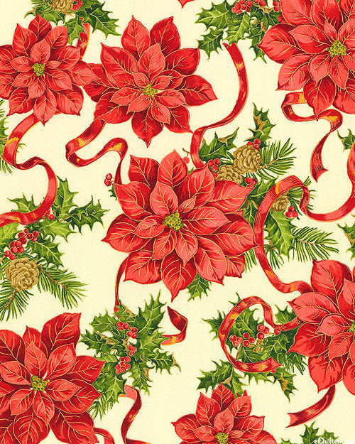 Christmas  Holiday Edition Poinsettia Bouquets on Cream 100% Cotton Price per Yard