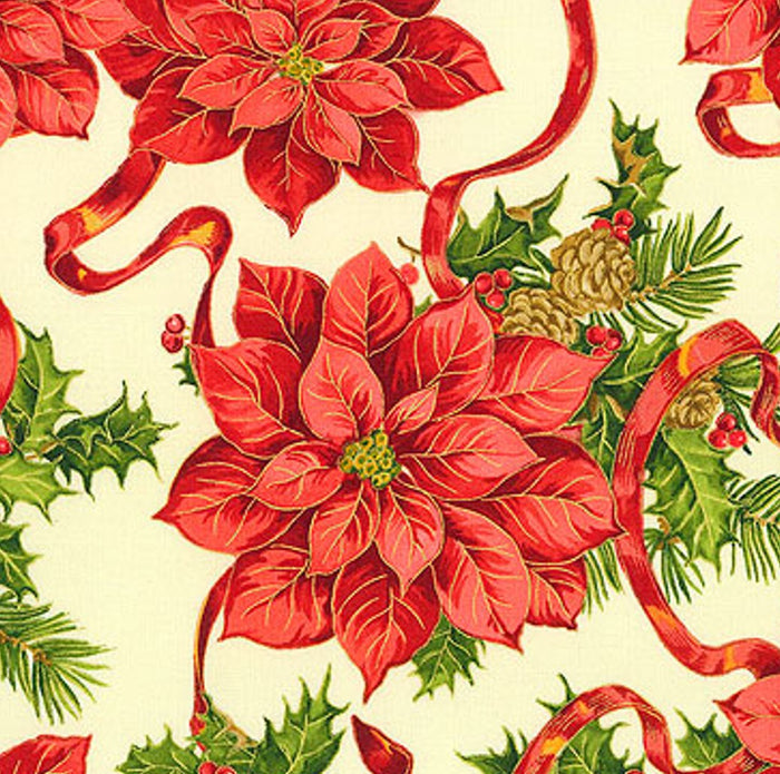 Christmas  Holiday Edition Poinsettia Bouquets on Cream 100% Cotton Price per Yard