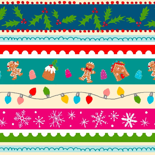 Christmas Hollidazzle Border Stripe on White Price per Yard
