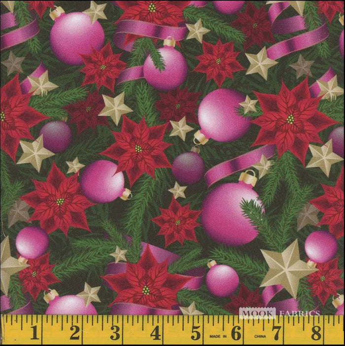 Christmas Pink Ornaments and Ribbons Poinsettias on Green 100% Cotton Fabric By the yard