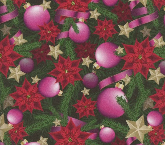 Christmas Pink Ornaments and Ribbons Poinsettias on Green 100% Cotton Fabric By the yard