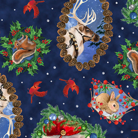 Christmas  Santa and Animal Portrait Toss on Blue 100% Cotton Price per Yard