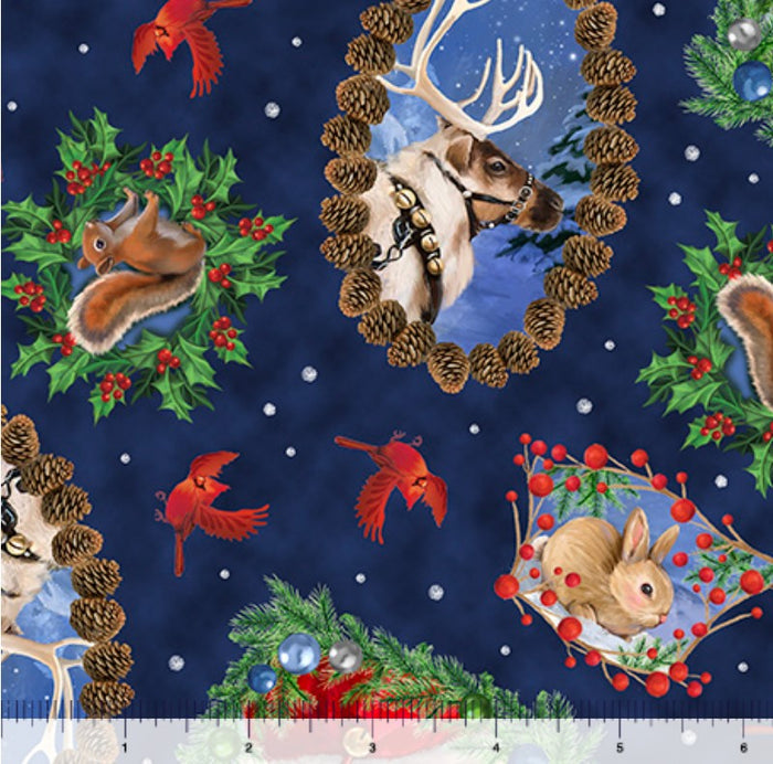 Christmas  Santa and Animal Portrait Toss on Blue 100% Cotton Price per Yard