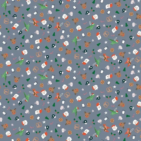 Christmas Santas Colony Icons on Blue 100% Cotton Price per Yard