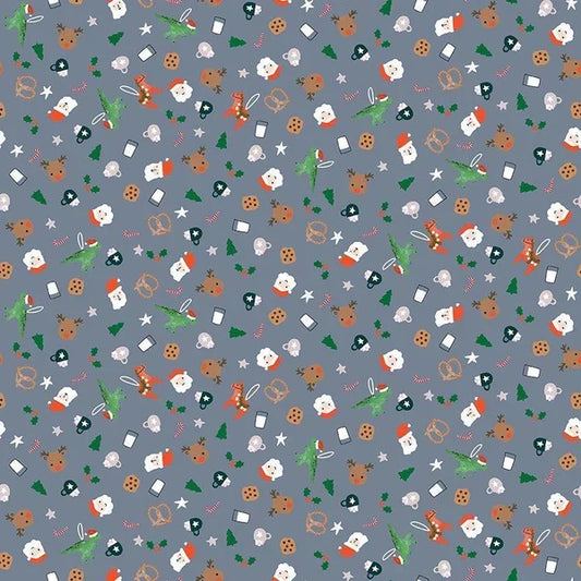 Christmas Santas Colony Icons on Blue 100% Cotton Price per Yard