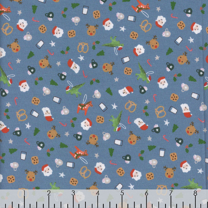 Christmas Santas Colony Icons on Blue 100% Cotton Price per Yard