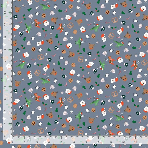 Christmas Santas Colony Icons on Blue 100% Cotton Price per Yard