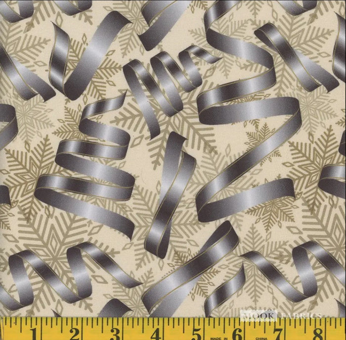 Christmas Silver Ribbons and Snowflakes on Cream 100% Cotton Fabric By the yard