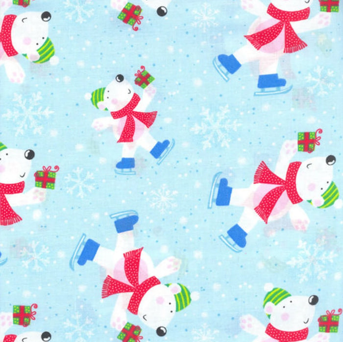 Christmas Skating Polar Bears on Blue 100% Cotton Price per Yard