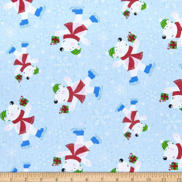Christmas Skating Polar Bears on Blue 100% Cotton Price per Yard